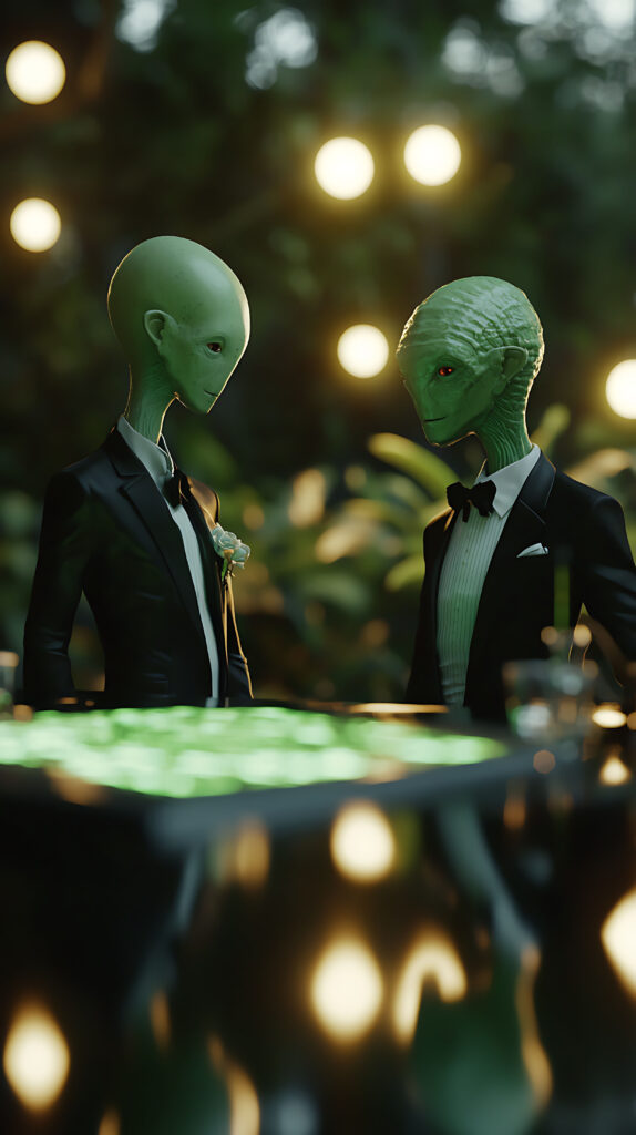 Two "little green men" in black tie formal wear looking at each other.