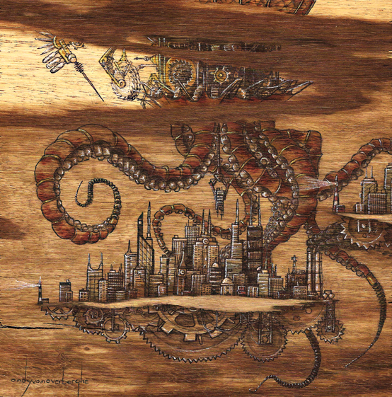 Steampunk artwork: city on top of gears, topped by stylized clockwork giant squid